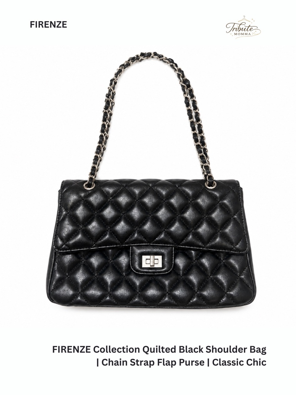 FIRENZE Collection Quilted Black Shoulder Bag | Chain Strap Flap Purse